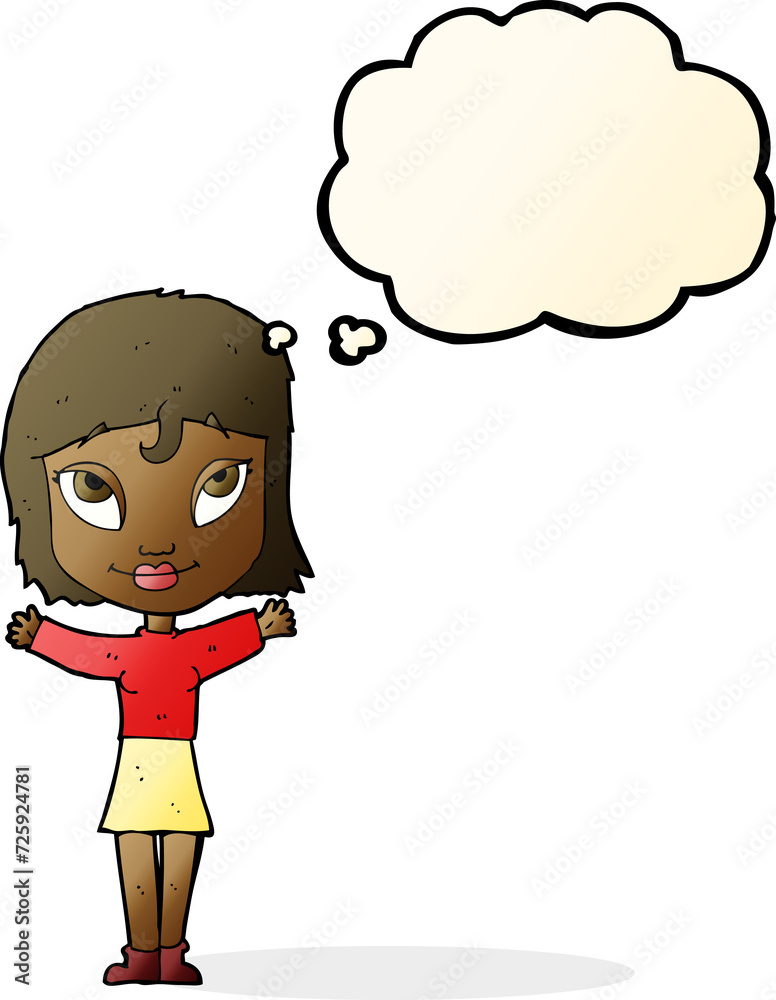 cartoon woman with open arms with thought bubble cartoon woman with open arms with thought bubble