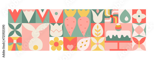 Abstract easter geometric banner with modern minimalistic blocks with easter bunny, egg, cake, spring flowers.