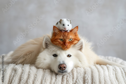 A red cat sits on a white dog, and a fluffy hamster sits on the cat's head. Minimalistic pets style isolated over light background