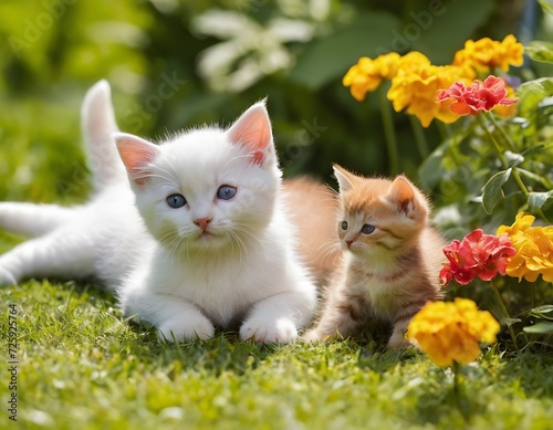 Two Cute cats kittens lying in garden and watching towards camera, Generative AI © nickynavile