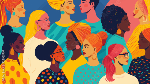 Flat illustration of a diverse group of women with different colors and hair. Afro-American and ethnic leadership in women