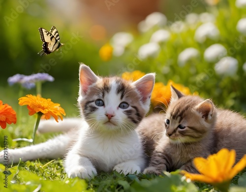 Cute cats kittens in garden with flowers and butterflies under sunlight © nickynavile