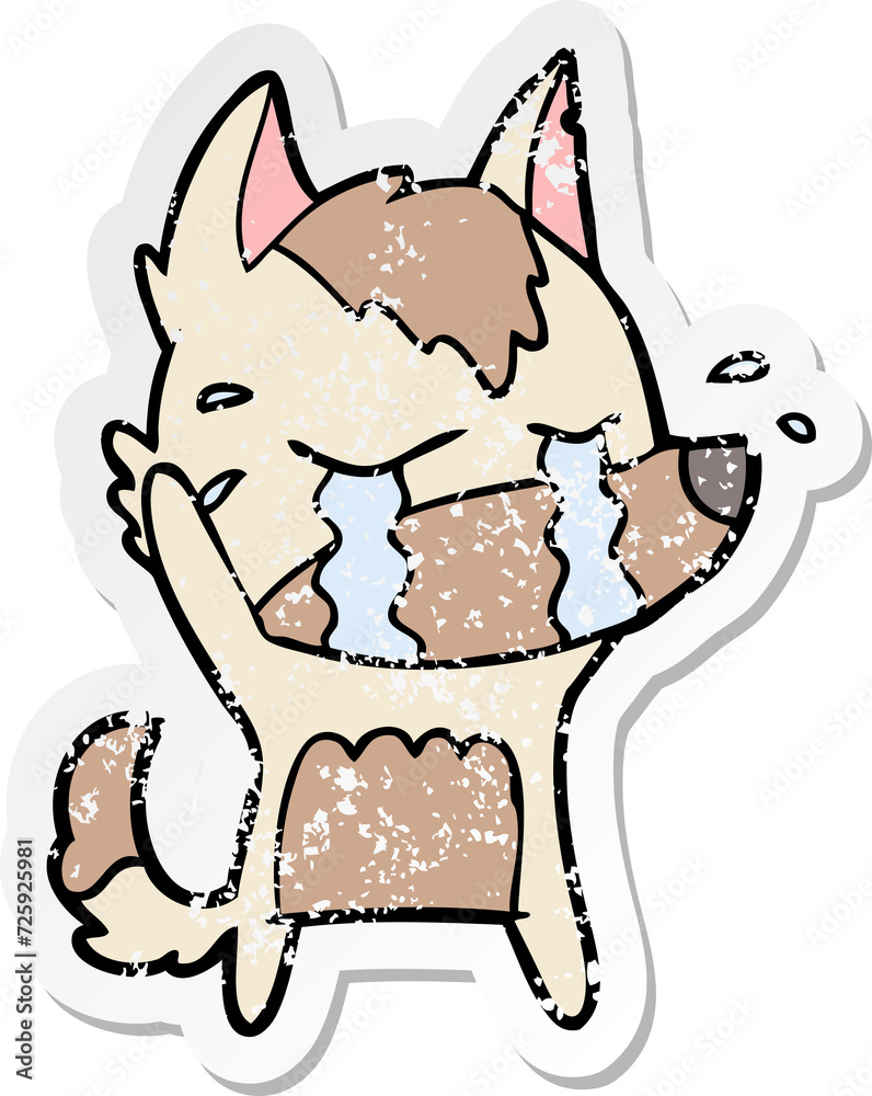 distressed sticker of a cartoon crying wolf