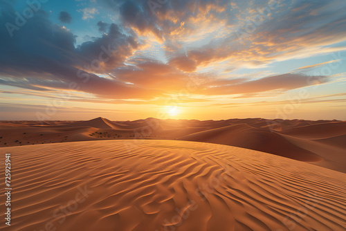 Sunset over the arid landscape of the desert, showcasing golden sand dunes under an orange sky during a hot summer evening