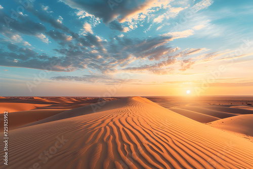 Sunset over the arid landscape of the desert, showcasing golden sand dunes under an orange sky during a hot summer evening