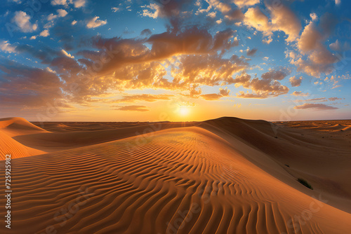 Sunset over the arid landscape of the desert  showcasing golden sand dunes under an orange sky during a hot summer evening