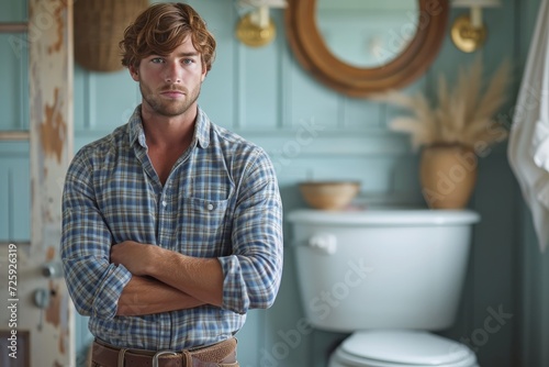 A man stands in a stark bathroom, his rumpled shirt and solemn expression reflecting the mundanity of the plumbing fixtures and white walls surrounding him photo