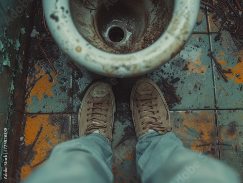 A person stands on a dirty abandoned toilet, their footwear forgotten as they try to reach for the ground photo