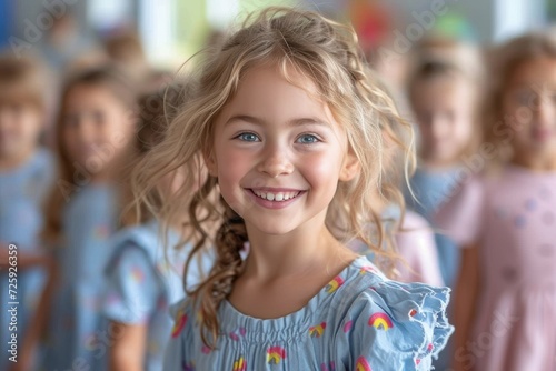 A joyful young girl with blond hair and a toothy smile stands outdoors, radiating happiness and innocence as she captures the attention of the camera