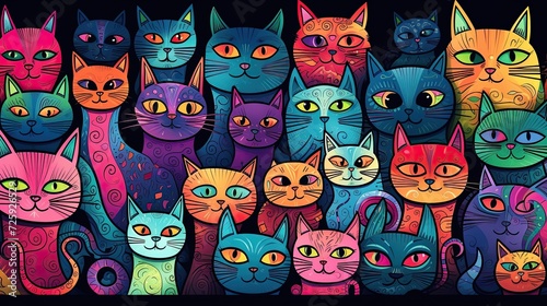A pattern with multicolored cats looking forward on a dark background. Hand-drawn illustration