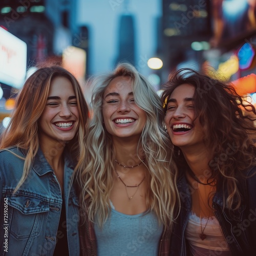 A cheerful group of women with varying hairstyles and clothing stand outside a building, radiating happiness and camaraderie as they smile for the camera
