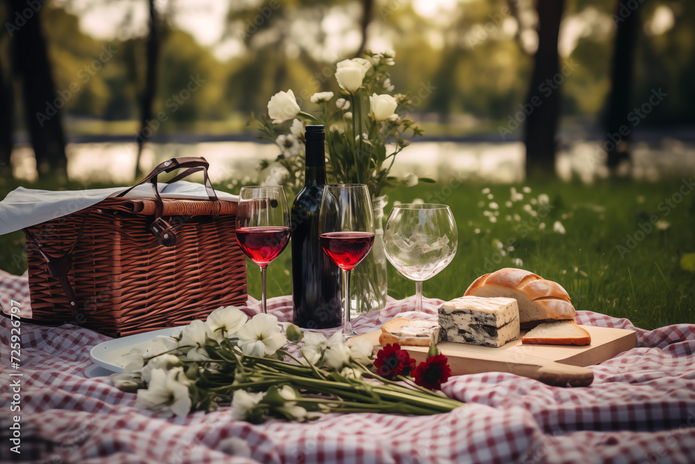 a picnic with a charcuterie / cheese board and wine in the park