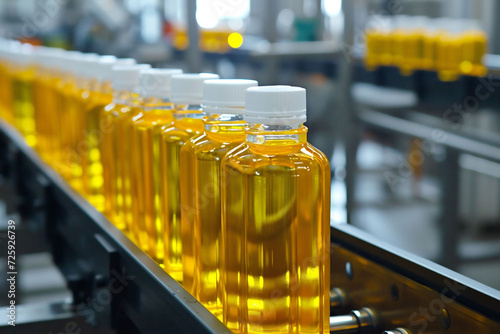 view of uniform bottles containing a golden fluid on a conveyor system, with the focus on the bottles. industrial efficiency and precision, manufacturing processes and technology
