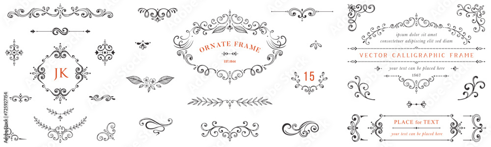 Hand drawn frames and banners. Classic calligraphy swirls, swashes, floral motifs. Good for greeting cards, wedding invitations, restaurant menu, royal certificates and graphic design. Hand drawn frames and banners. Classic calligraphy swirls, swashes, floral motifs. Good for greeting cards, wedding invitations, restaurant menu, royal certificates and graphic design.