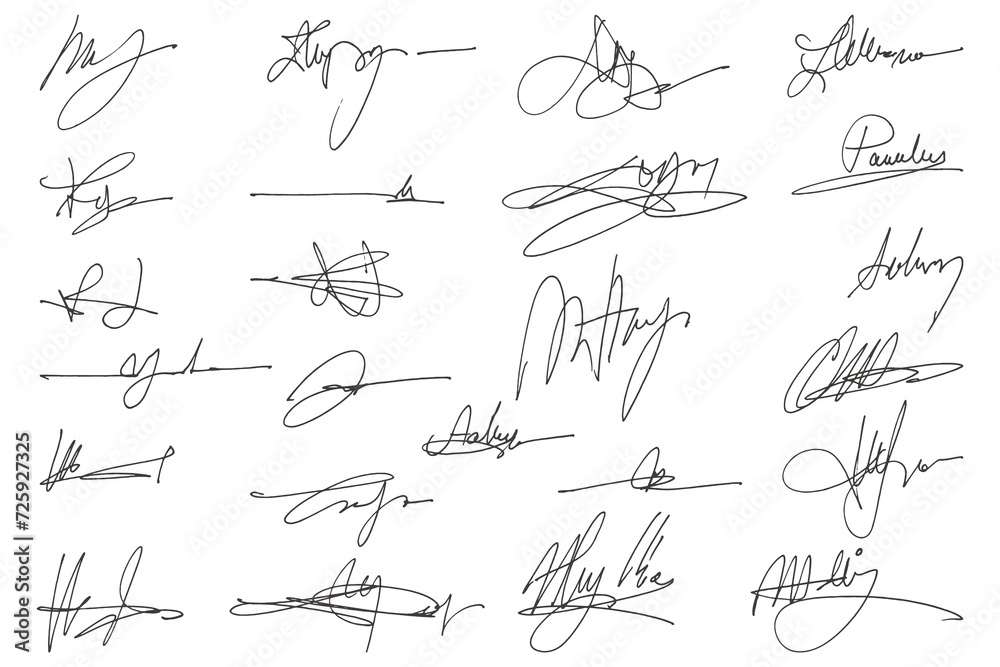 Handwritten collection of fake scribble signature in ink. - obrazy, fototapety, plakaty 