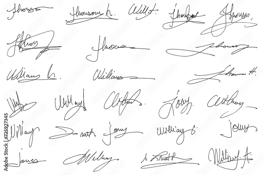 Handwritten collection of fake scribble signature in ink. - obrazy, fototapety, plakaty 