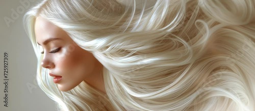 Young woman with long beautiful blonde hair. Glossy wavy white hair. Fashion and style concept. Slow motion photo