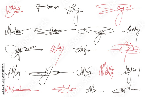 Handwritten collection of fake scribble signature in ink.