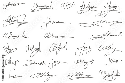 Handwritten collection of fake scribble signature in ink. photo