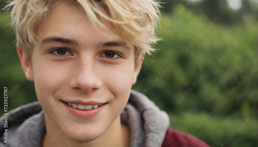 Young Trendy Blonde with Friendly Grin and Messy Hair in Soft Light, Wearing Gray Sweater Young Trendy Blonde with Friendly Grin and Messy Hair in Soft Light, Wearing Gray Sweater