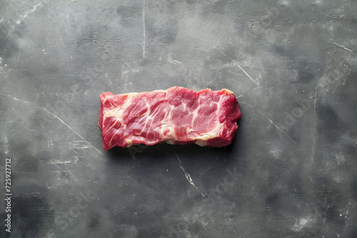 View from above, one isolated raw red meat lies on a textured, marble, dark gray surface. This image could serve well in gourmet food advertising or cooking tutorials.