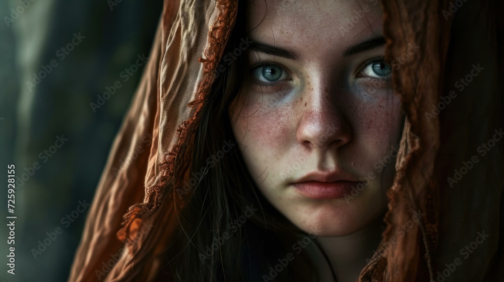 A mysterious girl with captivating blue eyes and a hood gazes at the camera. Generative AI. A mysterious girl with captivating blue eyes and a hood gazes at the camera. Generative AI.