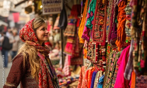 A fashion-forward woman delights in selecting vibrant garments at an outdoor market, her eyes sparkling with excitement amidst a sea of colorful scarves and luxurious fabrics. Generative AI.
