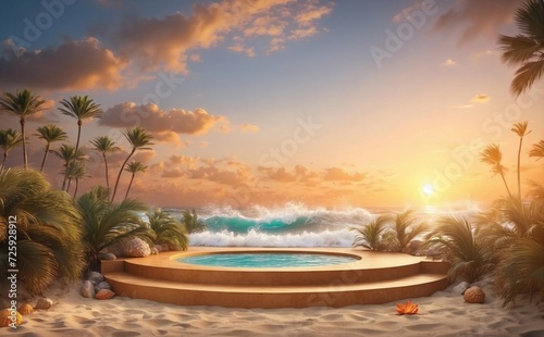 Empty rounded wooden podium for showcasing products in middle of sand and ocean and palms  sea background. Generative AI