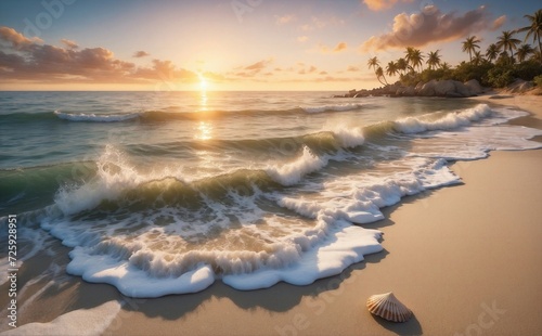A small  and big seashell on a sandy coast beach   with blue sky and water with waves. With palms and sunset in background