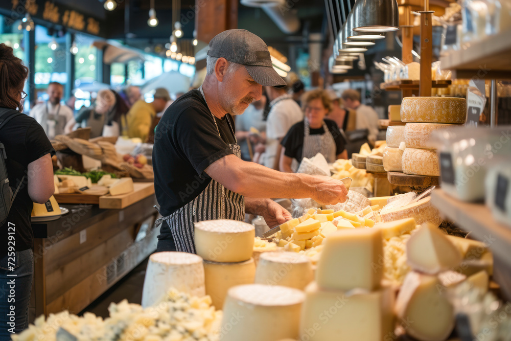 Cheese market hustle, a bustling market scene capturing vendors showcasing various cheeses.