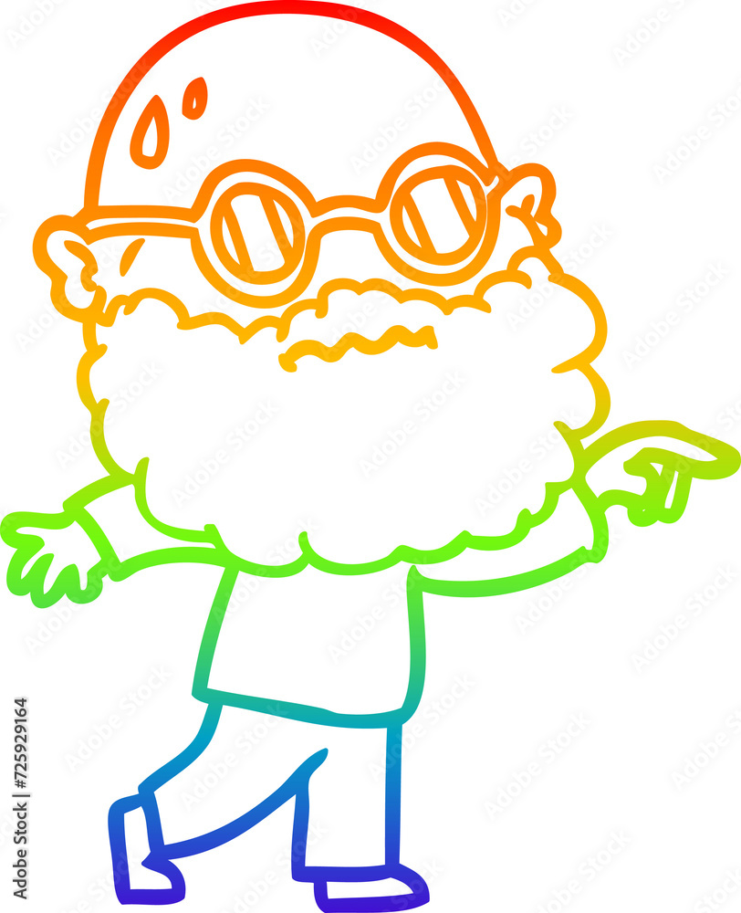 rainbow gradient line drawing cartoon worried man with beard and spectacles pointing finger rainbow gradient line drawing cartoon worried man with beard and spectacles pointing finger