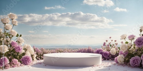 Product podium for product presentation and display with garden white rose  floral summer background podium for cosmetic  with nature and mountains in the background. Generating AI