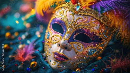 Mardi Gras mask lying on a velvet surface, surrounded by scattered colorful beads and feathers, highlighting the exquisite craftsmanship and vibrant colors typical of the festival's traditions © Татьяна Креминская