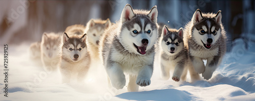 Husky dogs puppies running in snow.