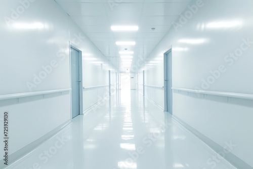 Long bright corridor in scientific laboratory building. Clean white hallway. Generative AI