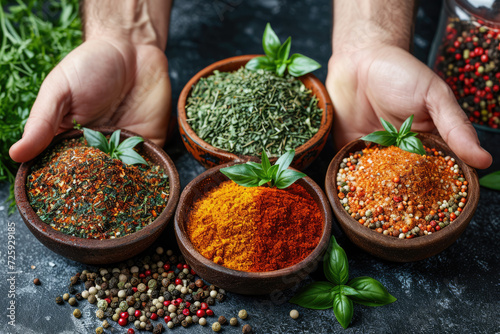 Hands holding a bowl filled with a colorful assortment of spices, legumes, and fresh herbs, showcasing the ingredients for a healthy recipe.  