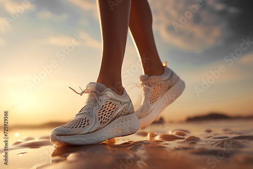 side view of female legs of a girl runner in running net lace up sneakers, shoes close-up on wet sandy beach. Running woman on sea coast at sunset. sandy beach. sporty shoes on coast. Generative ai