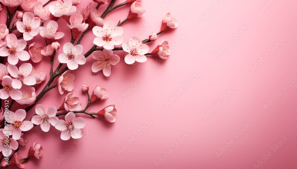 Spring flower composition. White flowers on pink pastel background. Concept for Valentine's Day, Women's Day, Mother's Day. Flat layout, top view, copy space