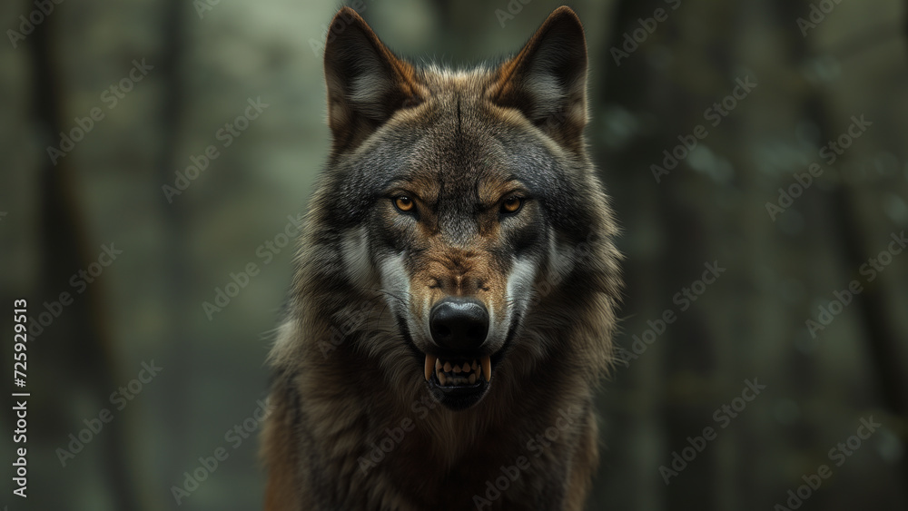 Fierce Gaze: An Angry Wolf in a Gloomy Forest