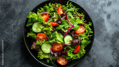 A freshly prepared garden salad with lettuce, cherry tomatoes, cucumber slices and red onion in a black bowl against a dark slate background. Healthy lifestyle and clean eating