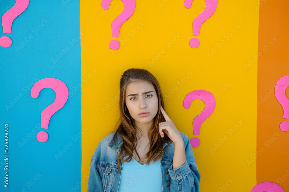 Young pensive girl in casual style attire with question marks over, thoughtful, thinking about question, very confused idea on colorful background. Puzzled. Confusion concept Young pensive girl in casual style attire with question marks over, thoughtful, thinking about question, very confused idea on colorful background. Puzzled. Confusion concept