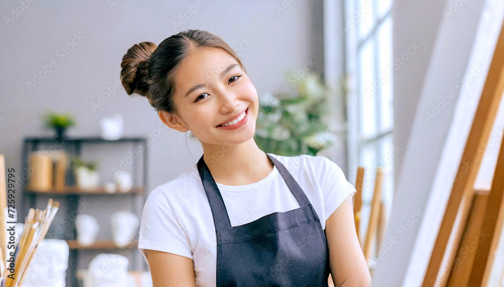 beautiful Asian woman with messy bun in casual tee smiling in an art studio, 16:9 widescreen image