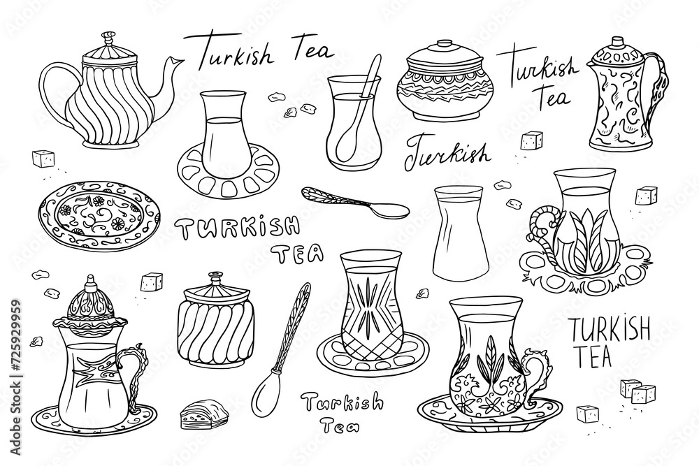 Big set of hand drawn Turkish tea theme elements in doodle style. Turkish tea cups, spoons, saucers, teapots and sugar bowl in doodle style. Tulip shaped glasses. Turkish tea. Armuds. Hand drawn.  - obrazy, fototapety, plakaty 