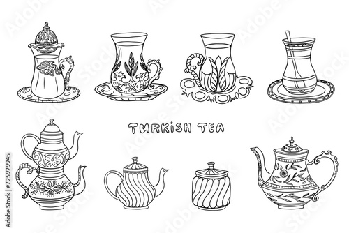 Big set of Turkish tea cups, teapots, saucers and sugar bowl in doodle style. Tulip shaped glasses. Turkish tea. Armuds, armudu. Hand drawn. Great for banner, posters, cards and professional design.