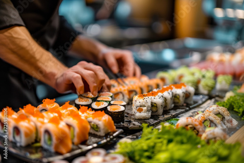 Diverse selection of sushi, customers sampling and making choices, culinary campaigns, and food photography.