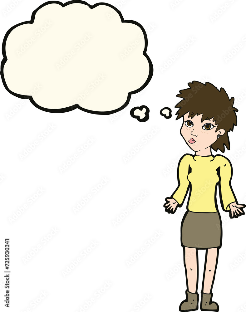 cartoon woman shrugging shoulders with thought bubble cartoon woman shrugging shoulders with thought bubble