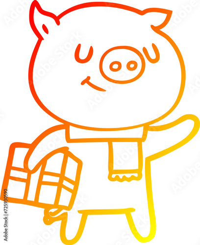 warm gradient line drawing happy cartoon pig with christmas present