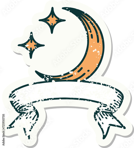 grunge sticker with banner of a moon and stars