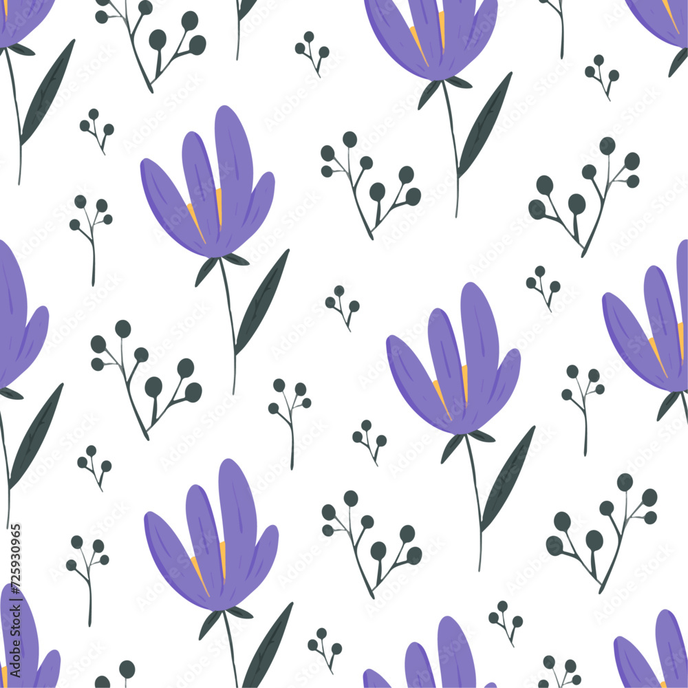 Vector seamless pattern with purple flowers and wild floral greenery on white background.