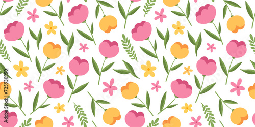 seamless pattern with yellow, pink flowers and green leaves on white background, perfect for wrapping paper, gifts, cards. Hand drawn spring textile design